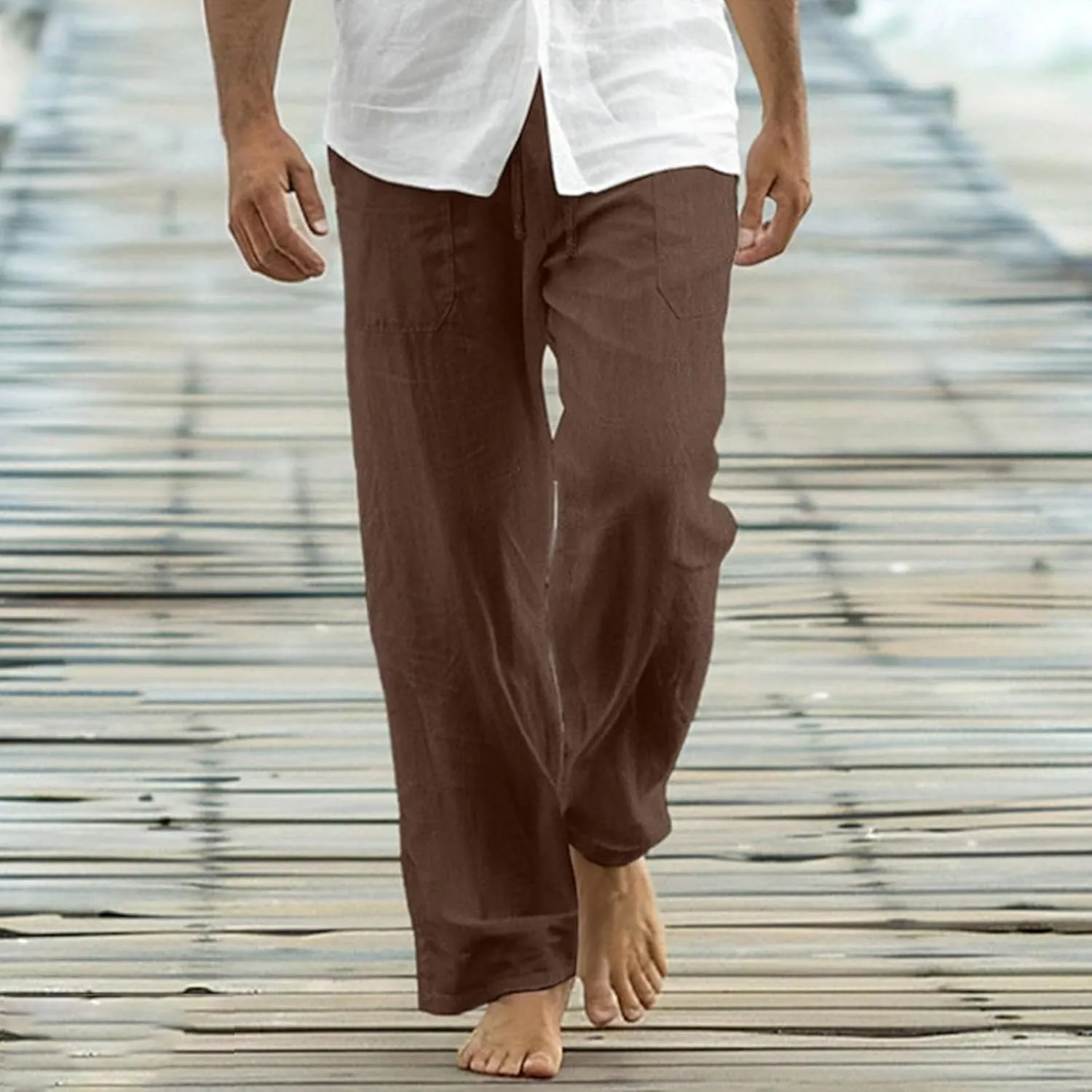 Mens Cotton Linen Joggers Sweatpants Casual Drawstring Elastic Waist Pant Baggy Quick Drying Workout Straight Trouser