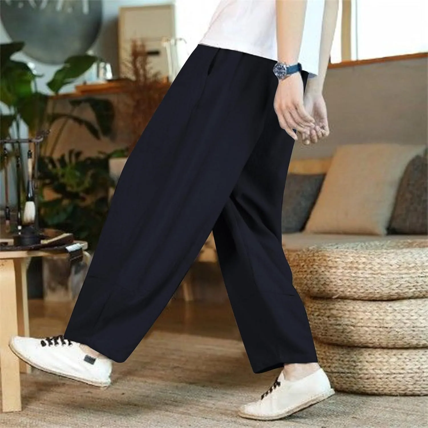 Mens Cotton Linen Pants Casual Classic Elastic Waist Beach Yoga Pants Summer Lightweight Dress Trouser with Pockets