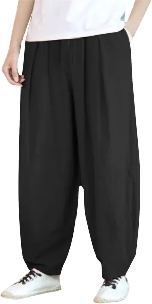 Mens Cotton Linen Pants Casual Classic Elastic Waist Beach Yoga Pants Summer Lightweight Dress Trouser with Pockets