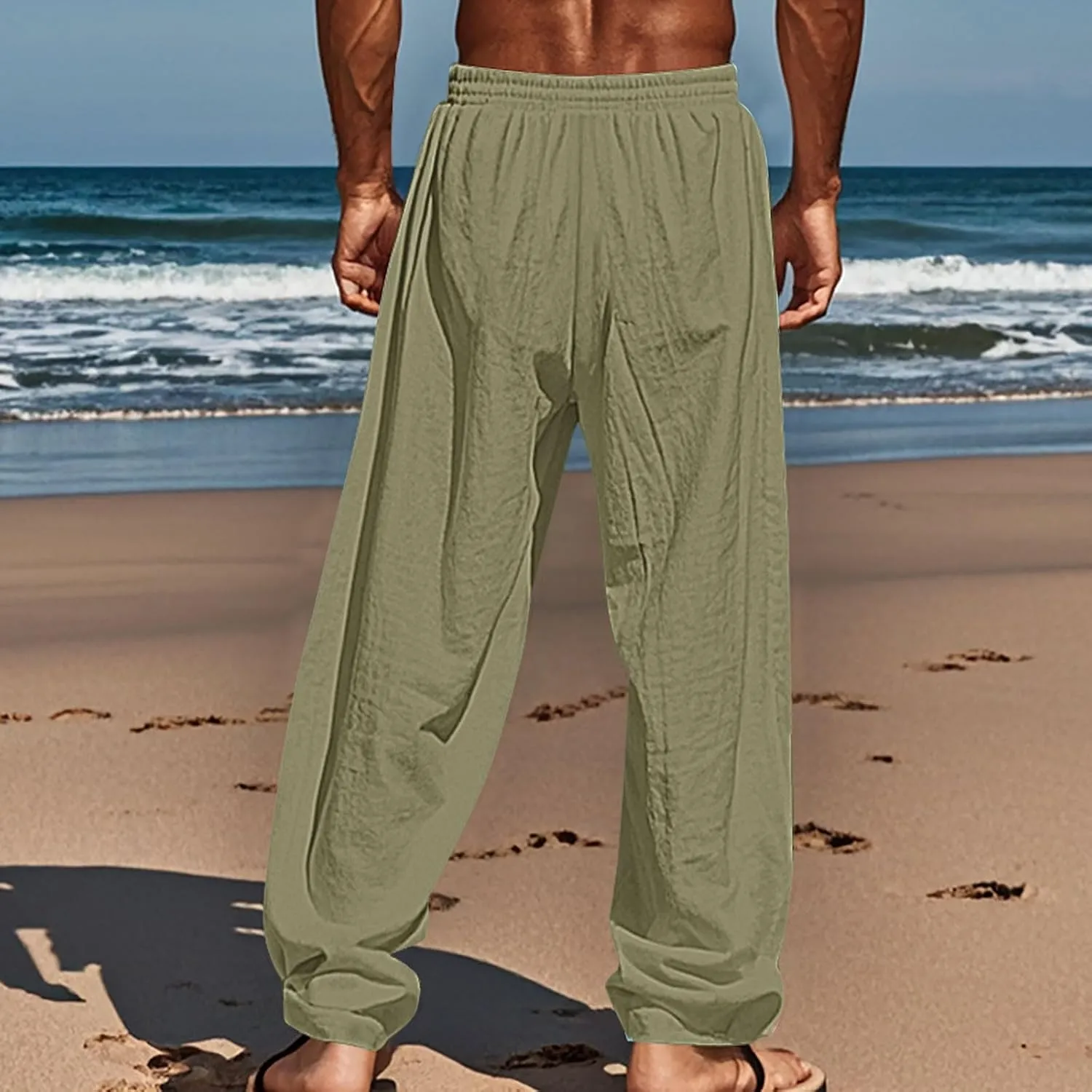 Men's Cotton Linen Pants Casual Elastic Waist Drawstring Pant Straight Leg Yoga Print Pants Summer Beach Trousers