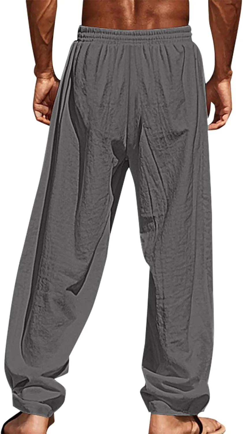 Men's Cotton Linen Pants Casual Elastic Waist Drawstring Pant Straight Leg Yoga Print Pants Summer Beach Trousers