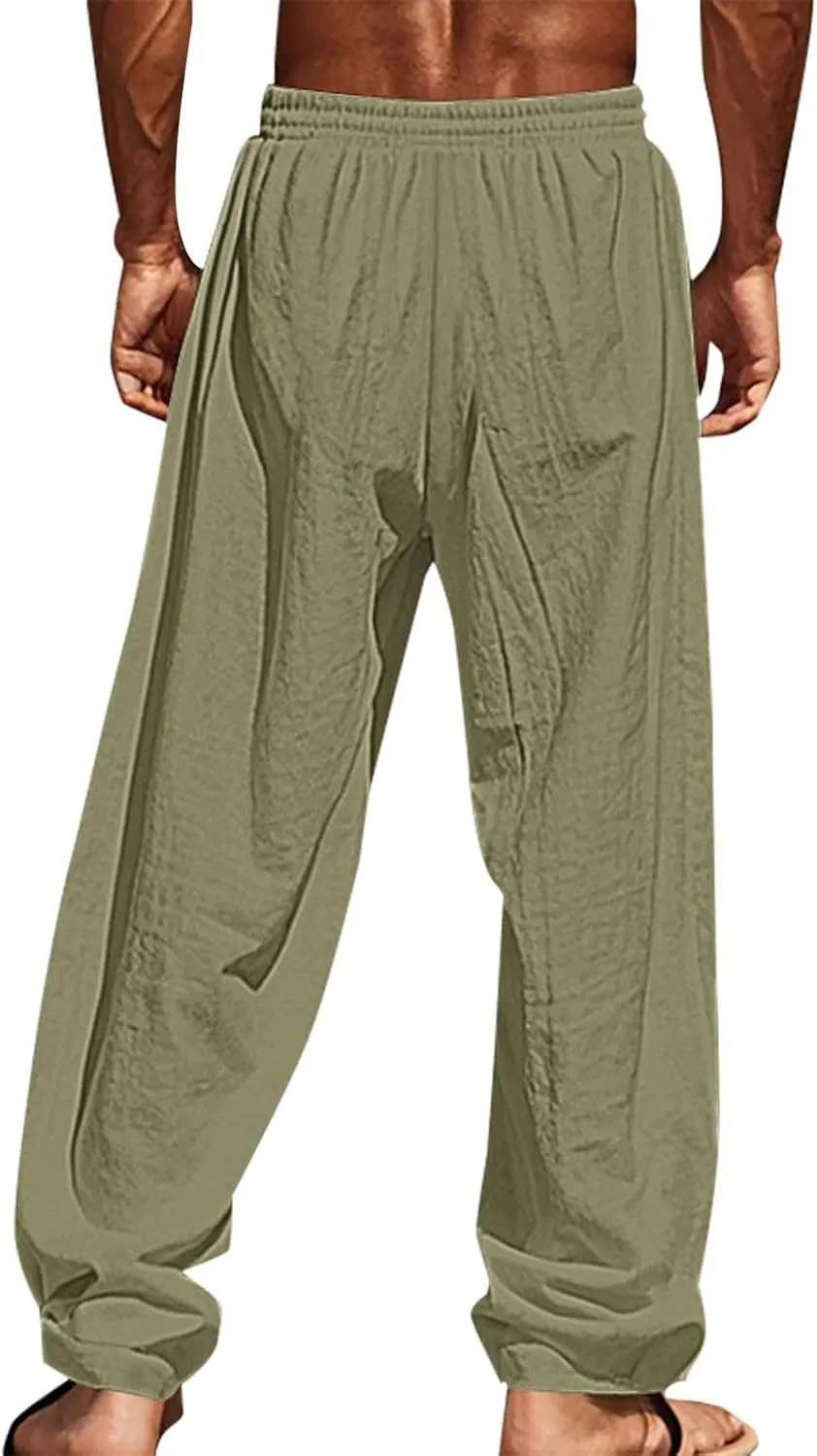 Men's Cotton Linen Pants Casual Elastic Waist Drawstring Pant Straight Leg Yoga Print Pants Summer Beach Trousers