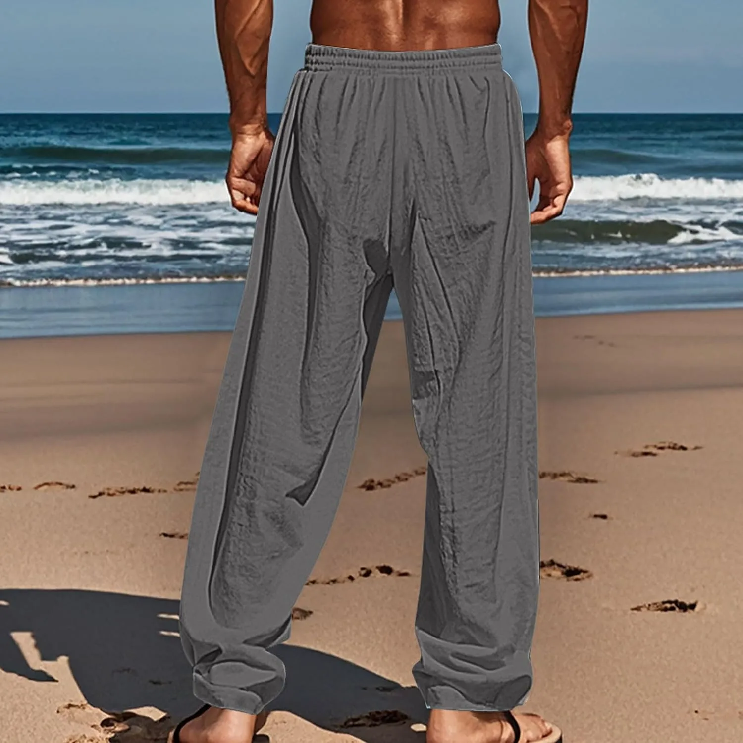 Men's Cotton Linen Pants Casual Elastic Waist Drawstring Pant Straight Leg Yoga Print Pants Summer Beach Trousers