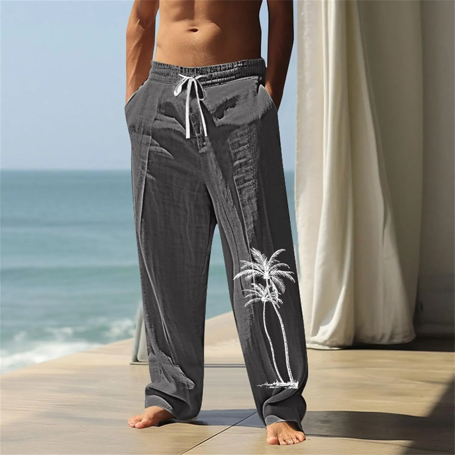 Men's Cotton Linen Pants Casual Elastic Waist Drawstring Pant Straight Leg Yoga Print Pants Summer Beach Trousers