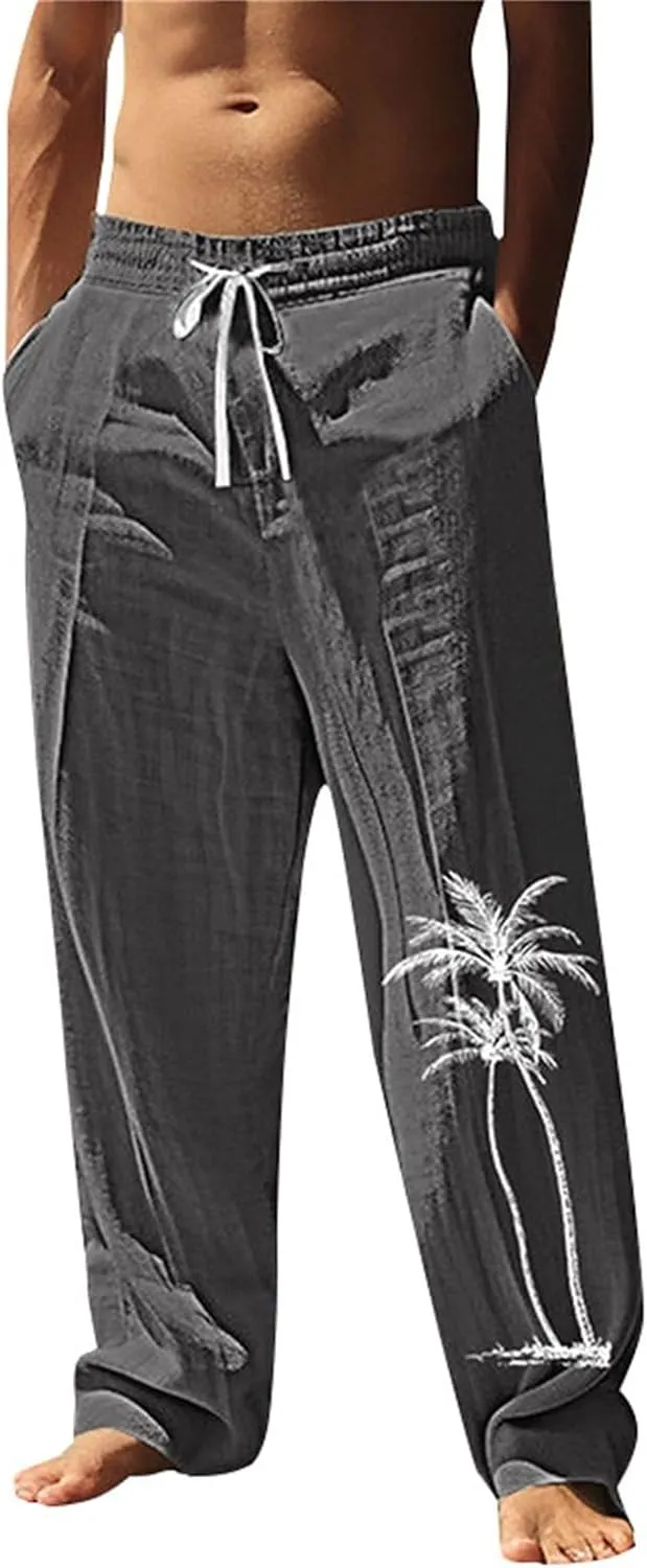 Men's Cotton Linen Pants Casual Elastic Waist Drawstring Pant Straight Leg Yoga Print Pants Summer Beach Trousers