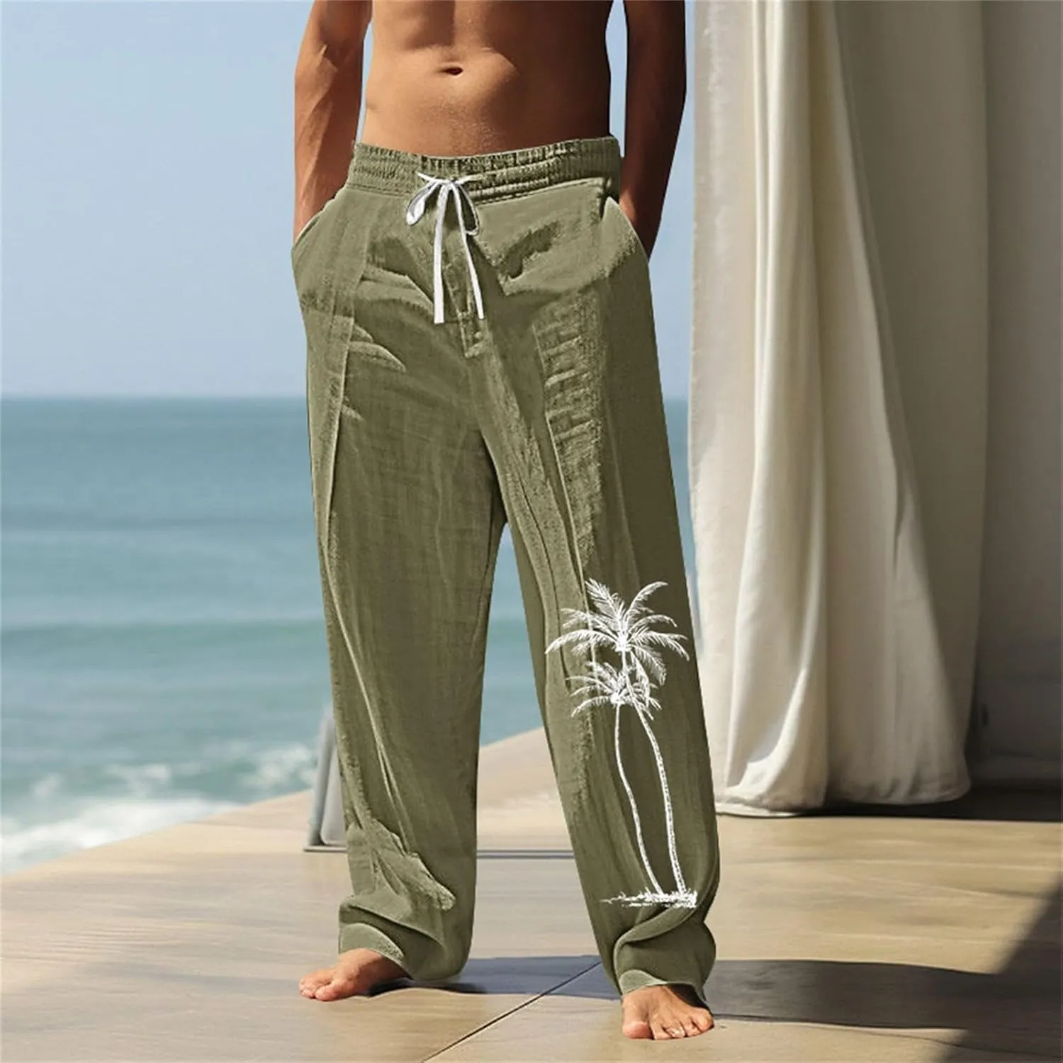 Men's Cotton Linen Pants Casual Elastic Waist Drawstring Pant Straight Leg Yoga Print Pants Summer Beach Trousers