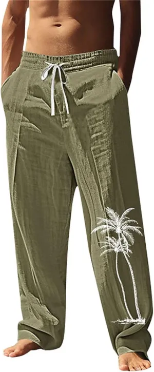 Men's Cotton Linen Pants Casual Elastic Waist Drawstring Pant Straight Leg Yoga Print Pants Summer Beach Trousers