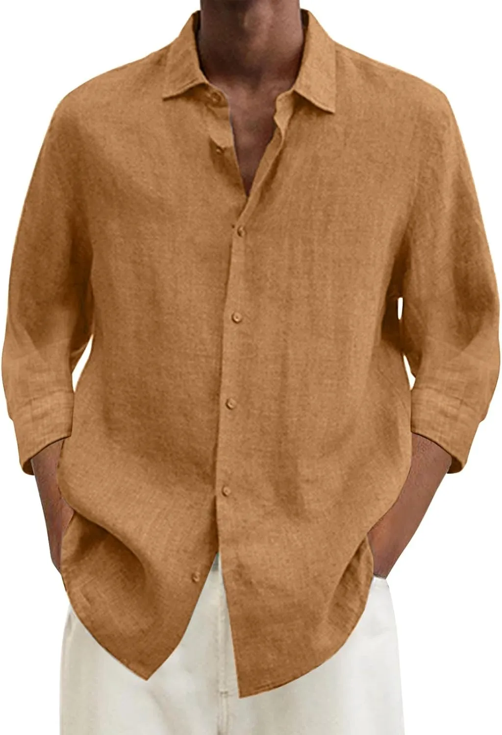 Men's Cotton Linen Shirts Summer Casual Button Down Long Sleeve Shirt Lightweight Loose Turn Down Collar Blouses