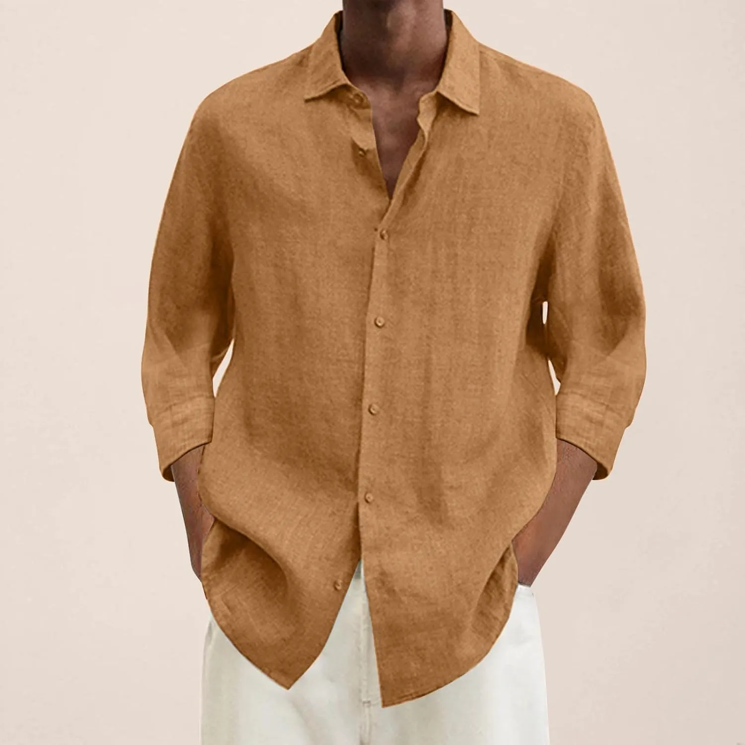 Men's Cotton Linen Shirts Summer Casual Button Down Long Sleeve Shirt Lightweight Loose Turn Down Collar Blouses