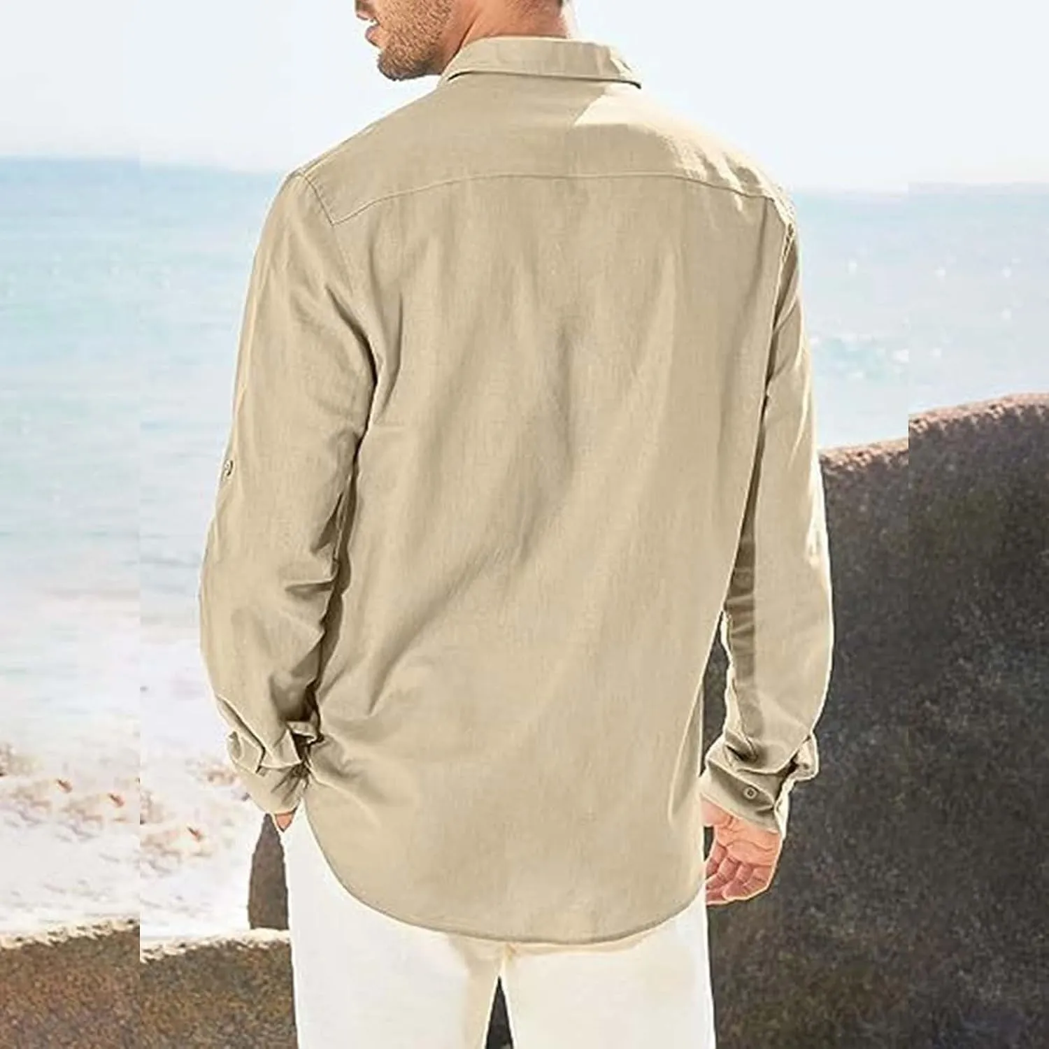 Men's Cotton Linen Shirts Wrinkled Casual Long Sleeve Button Down Shirt Lightweight Breathable Summer Beach Blouses