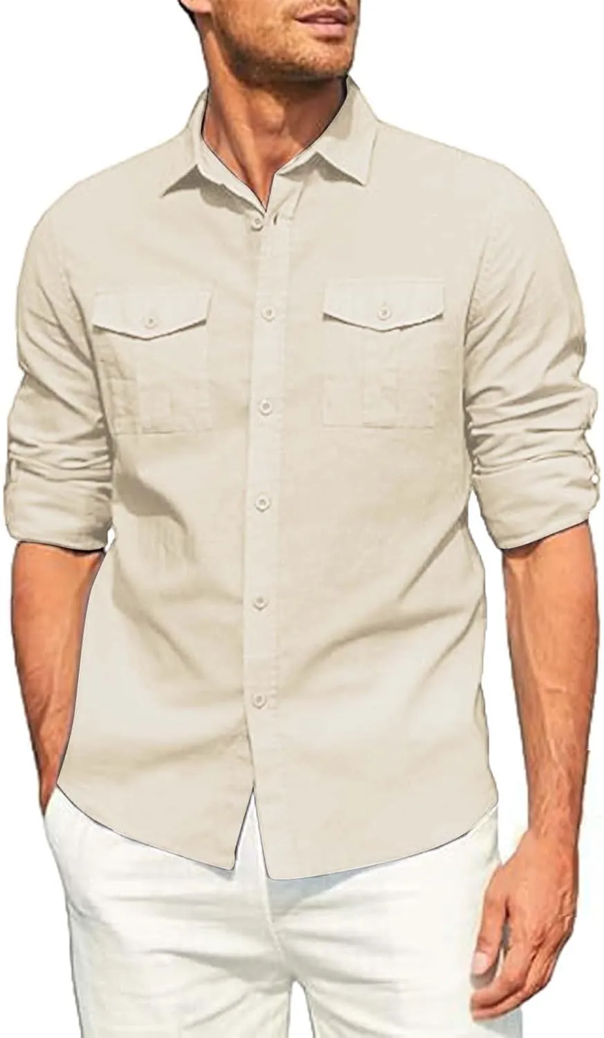 Men's Cotton Linen Shirts Wrinkled Casual Long Sleeve Button Down Shirt Lightweight Breathable Summer Beach Blouses