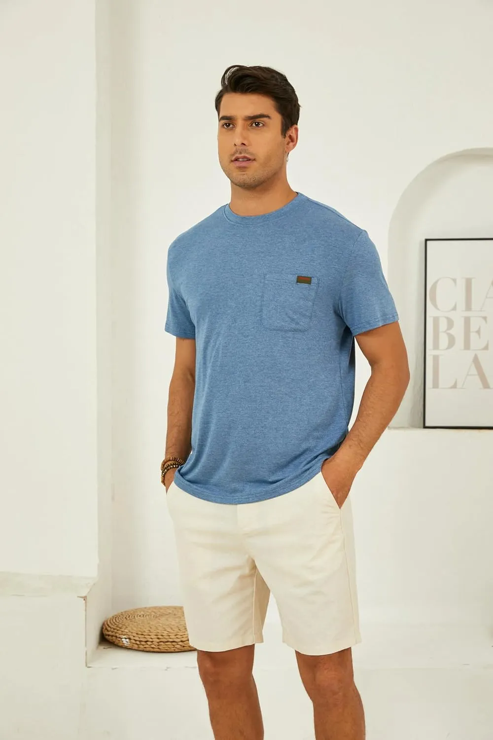 Mens Crew Neck T Shirts Short Sleeve Casual Classic Tee Shirt Summer Solid Basic Cotton Tops with Pocket