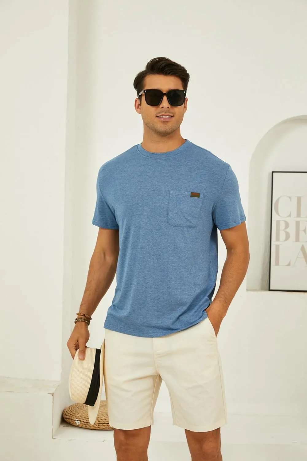 Mens Crew Neck T Shirts Short Sleeve Casual Classic Tee Shirt Summer Solid Basic Cotton Tops with Pocket