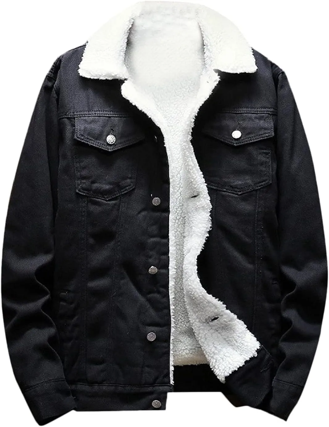 Mens Denim Jacket Lapel Collar Sherpa Fleece Lined Thicken Denim Jean Trucker Jacket Coats Stylish Button Down Coat