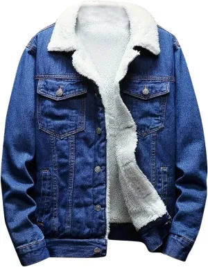 Mens Denim Jacket Lapel Collar Sherpa Fleece Lined Thicken Denim Jean Trucker Jacket Coats Stylish Button Down Coat