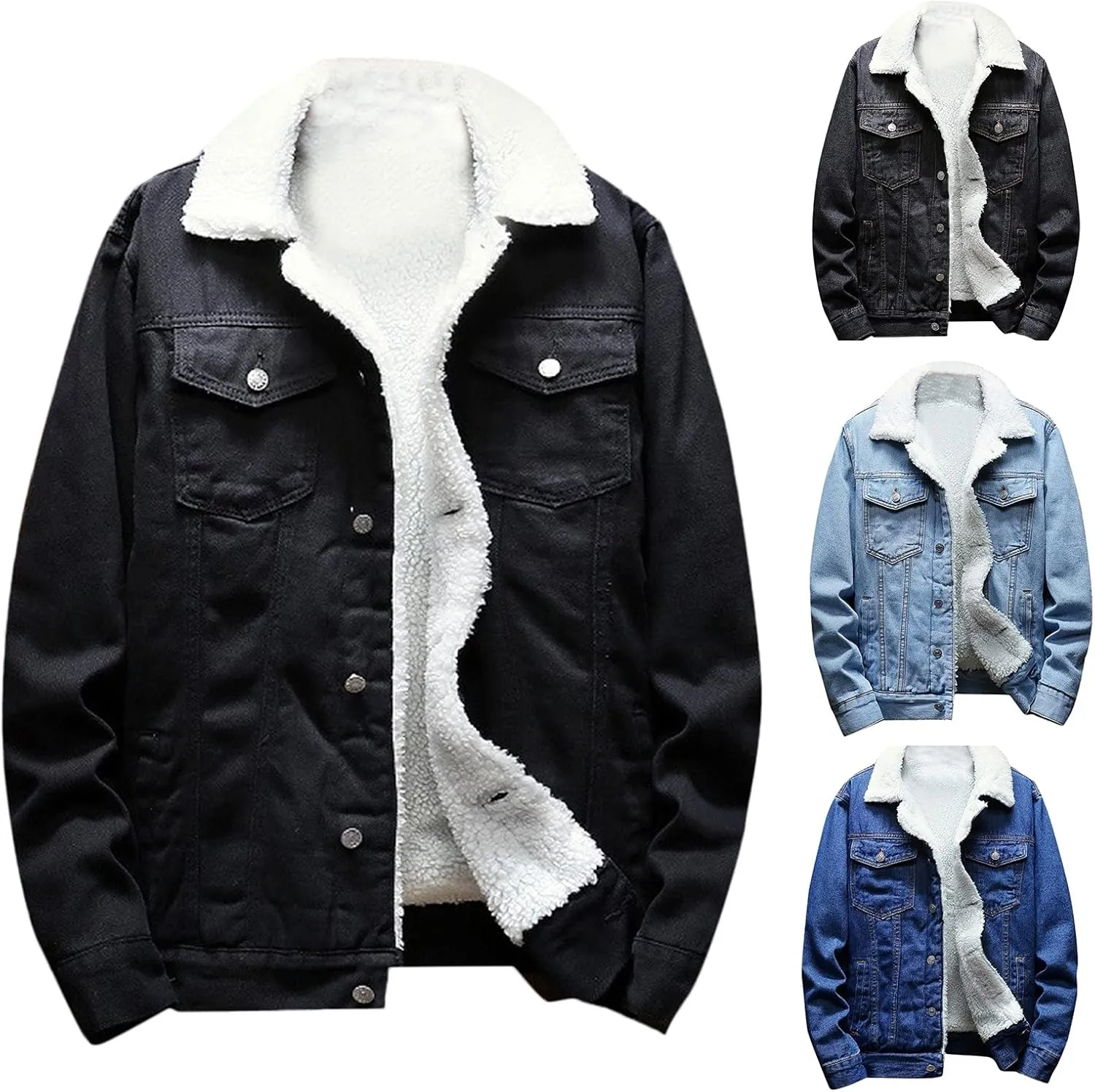 Mens Denim Jacket Lapel Collar Sherpa Fleece Lined Thicken Denim Jean Trucker Jacket Coats Stylish Button Down Coat