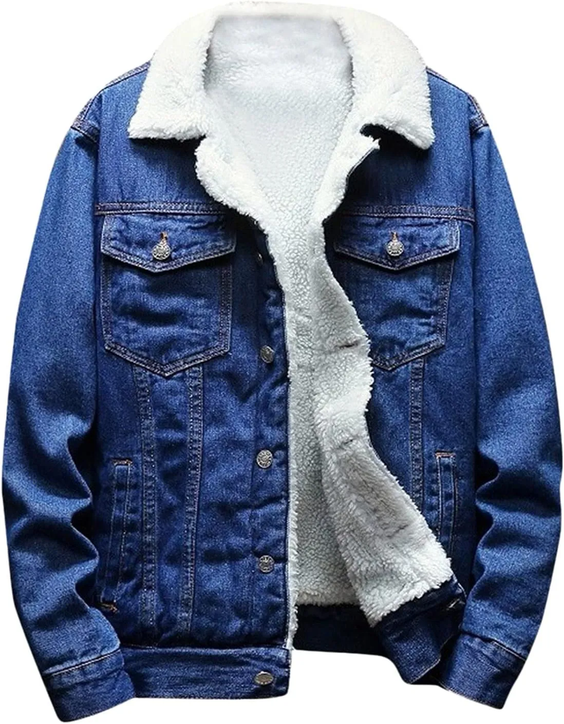 Mens Denim Jacket Lapel Collar Sherpa Fleece Lined Thicken Denim Jean Trucker Jacket Coats Stylish Button Down Coat