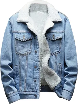 Mens Denim Jacket Lapel Collar Sherpa Fleece Lined Thicken Denim Jean Trucker Jacket Coats Stylish Button Down Coat