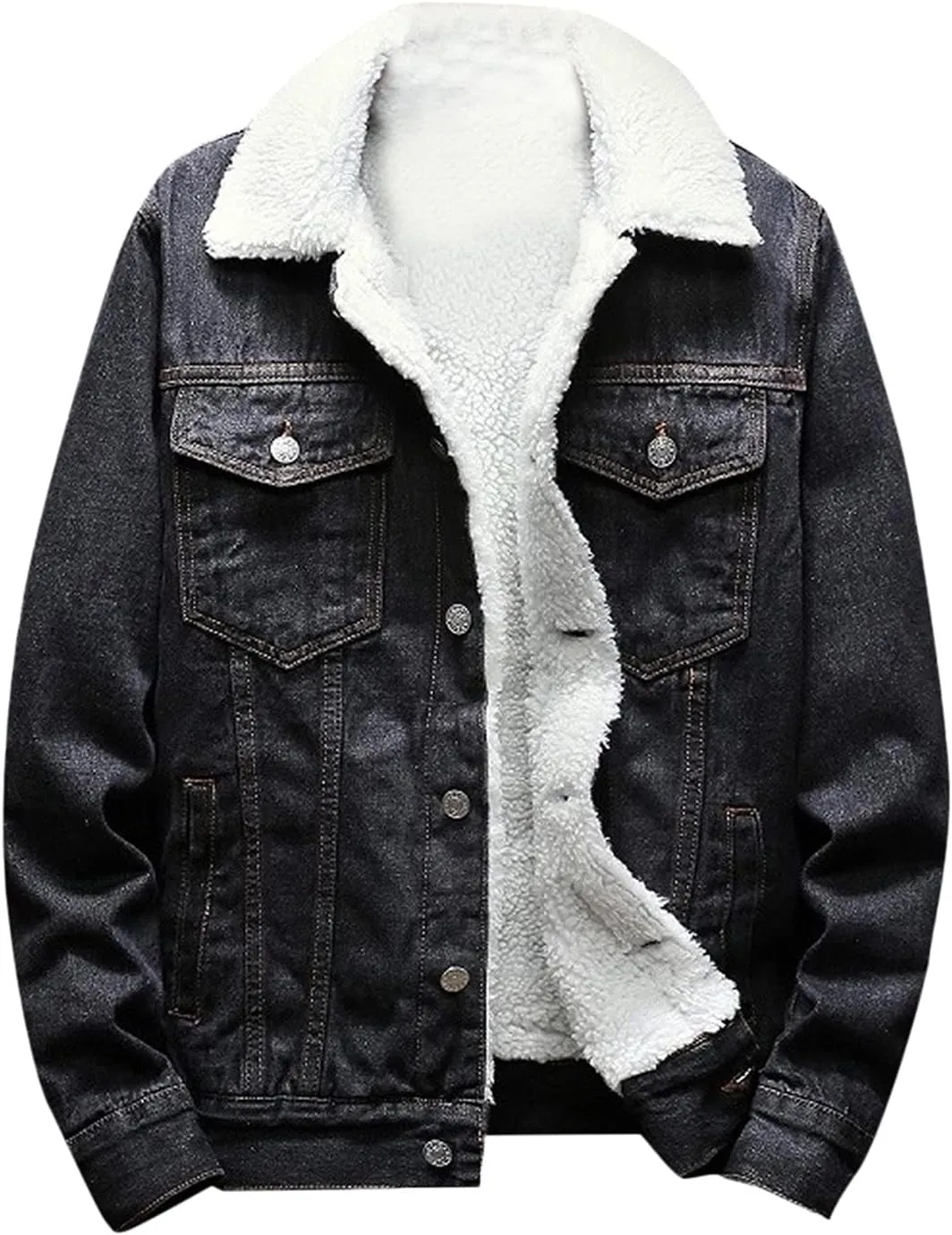 Mens Denim Jacket Lapel Collar Sherpa Fleece Lined Thicken Denim Jean Trucker Jacket Coats Stylish Button Down Coat