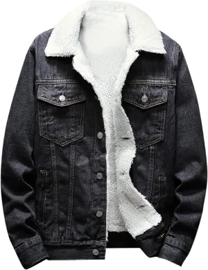 Mens Denim Jacket Lapel Collar Sherpa Fleece Lined Thicken Denim Jean Trucker Jacket Coats Stylish Button Down Coat