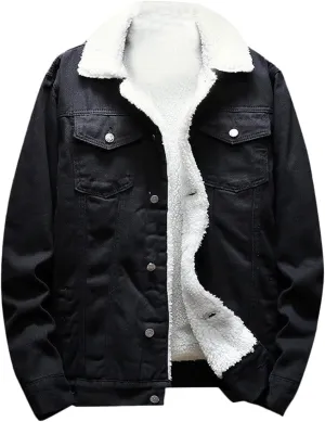 Mens Denim Jacket Lapel Collar Sherpa Fleece Lined Thicken Denim Jean Trucker Jacket Coats Stylish Button Down Coat