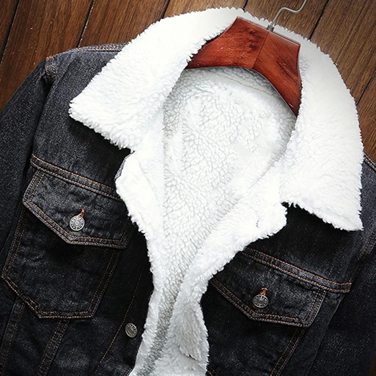 Mens Denim Jacket Lapel Collar Sherpa Fleece Lined Thicken Denim Jean Trucker Jacket Coats Stylish Button Down Coat