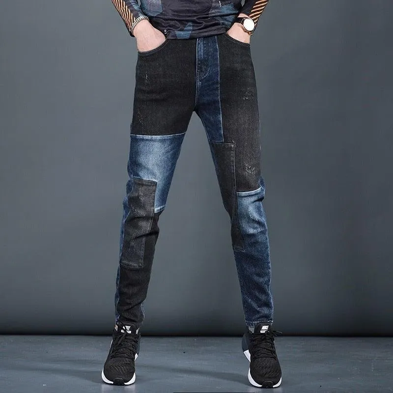 Men's Designer Patchwork Slim Fit Jeans