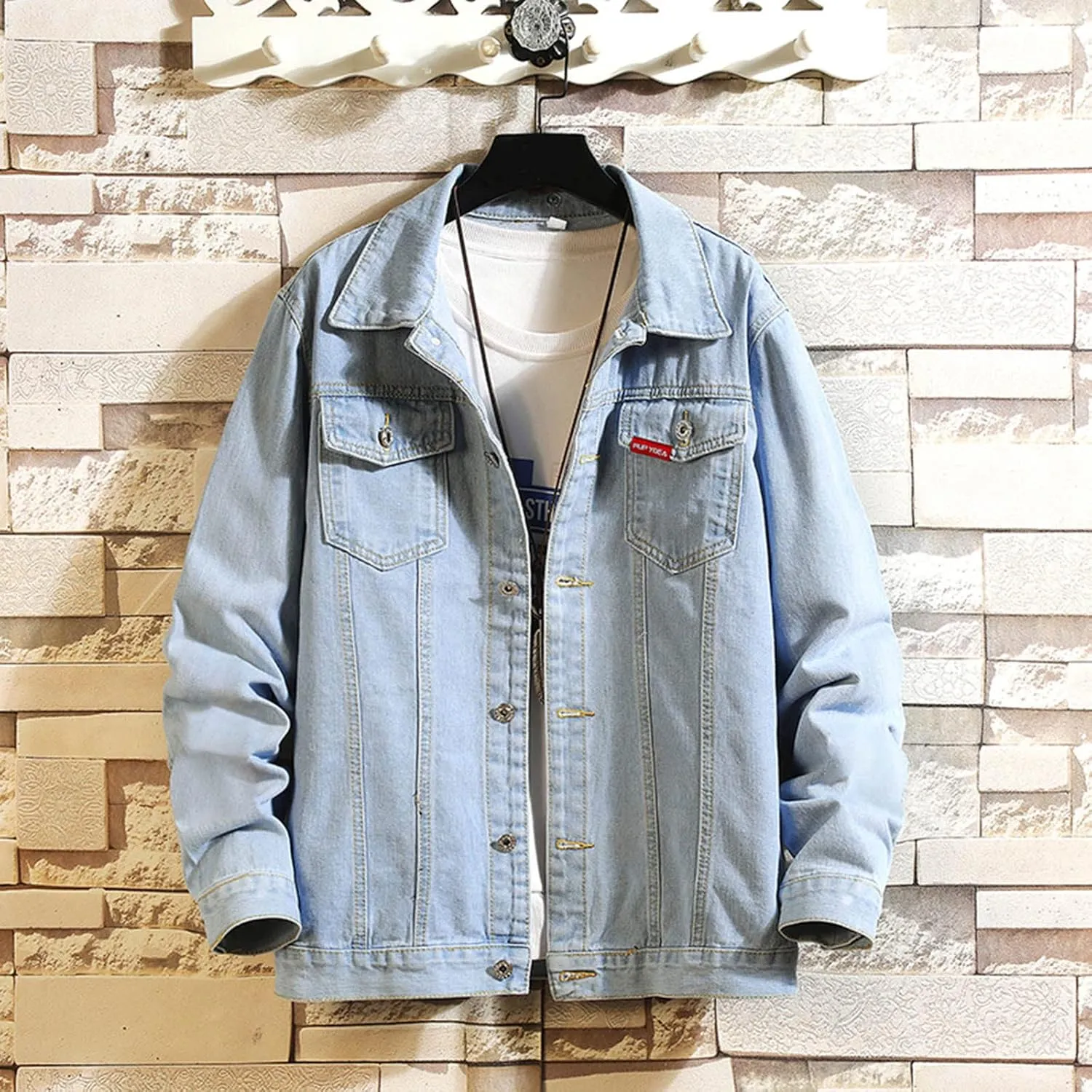 Men's Distressed Denim Jacket Casual Button Down Denim Jacket Vintage Spring Fall Cowboy Trucker Jean Coat