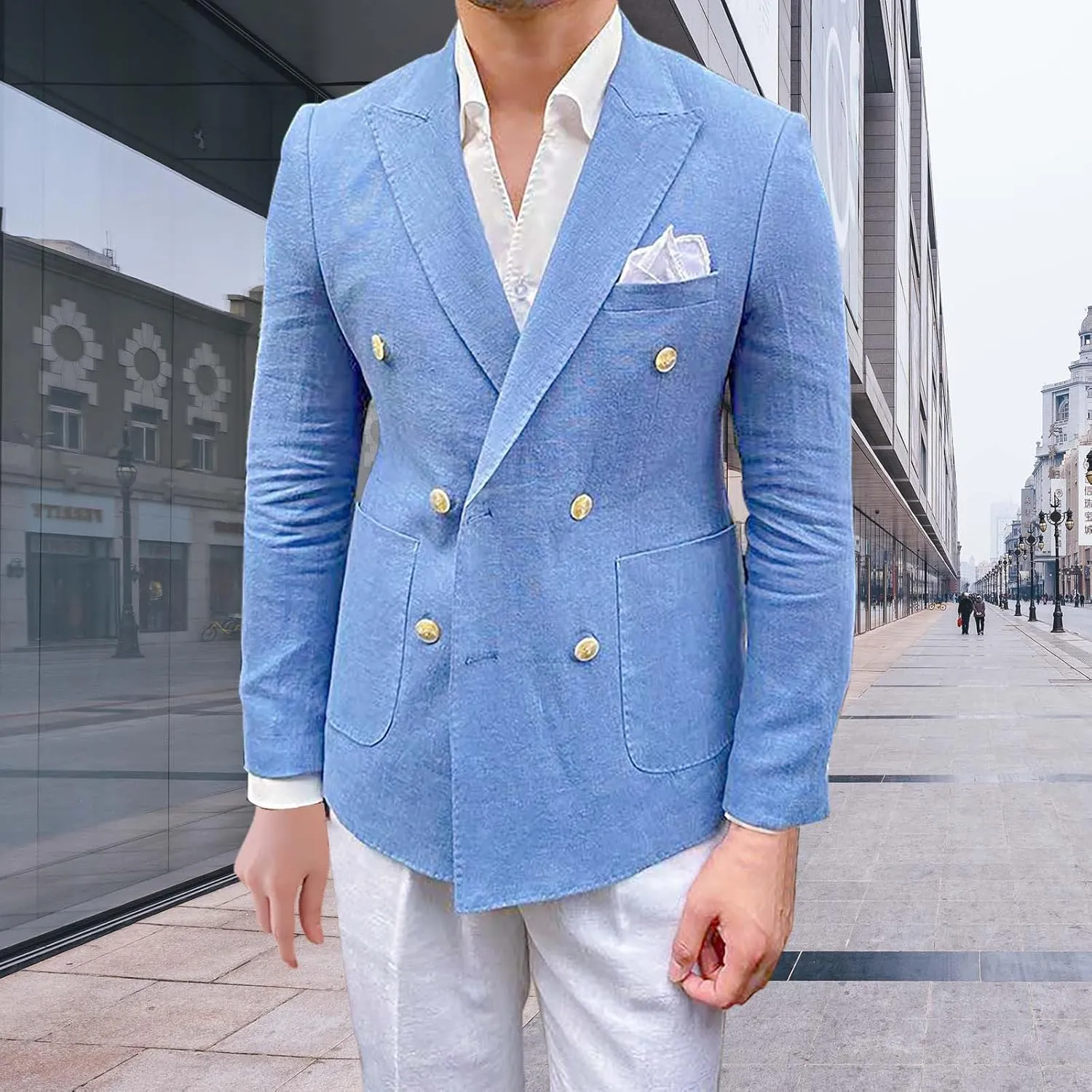 Mens Double Breasted Blazer Casual Jacket Lightweight Slim Fit Sports Coat Formal Business Wedding Dinner Suit Jacket