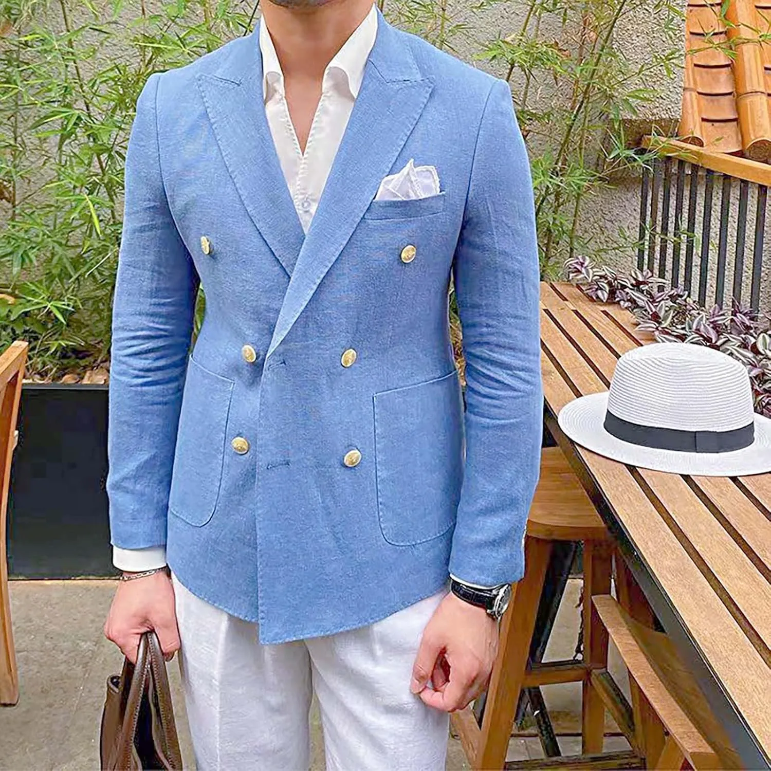 Mens Double Breasted Blazer Casual Jacket Lightweight Slim Fit Sports Coat Formal Business Wedding Dinner Suit Jacket
