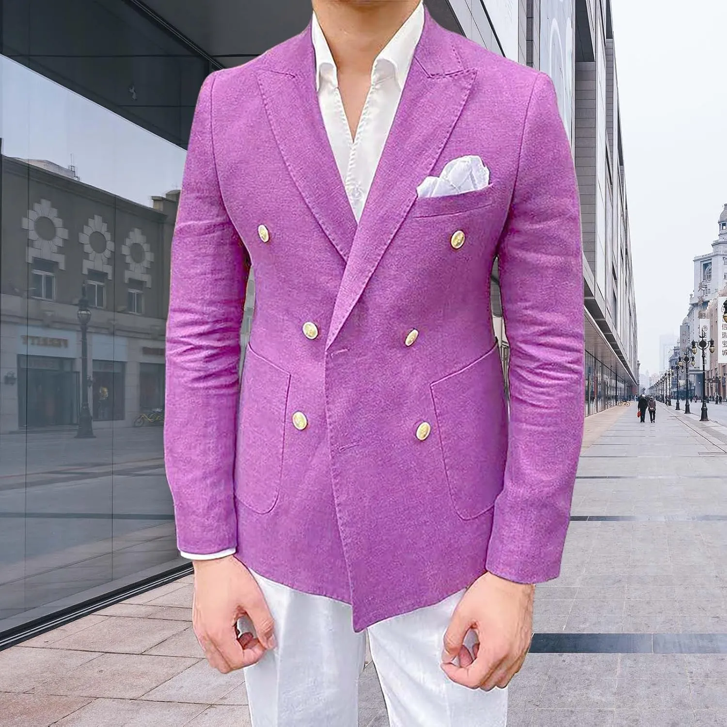 Mens Double Breasted Blazer Casual Jacket Lightweight Slim Fit Sports Coat Formal Business Wedding Dinner Suit Jacket