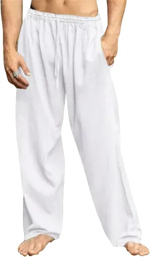 Men's Drawstring Pants Casual Joggers Cotton Linen Blend for Yoga Running Kung Fu with Elastic Waist and Pockets
