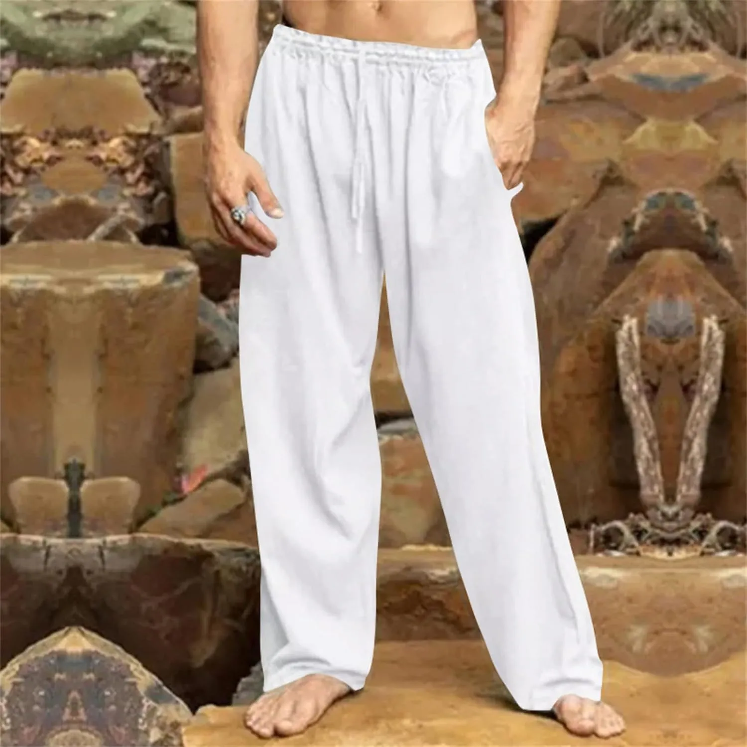 Men's Drawstring Pants Casual Joggers Cotton Linen Blend for Yoga Running Kung Fu with Elastic Waist and Pockets