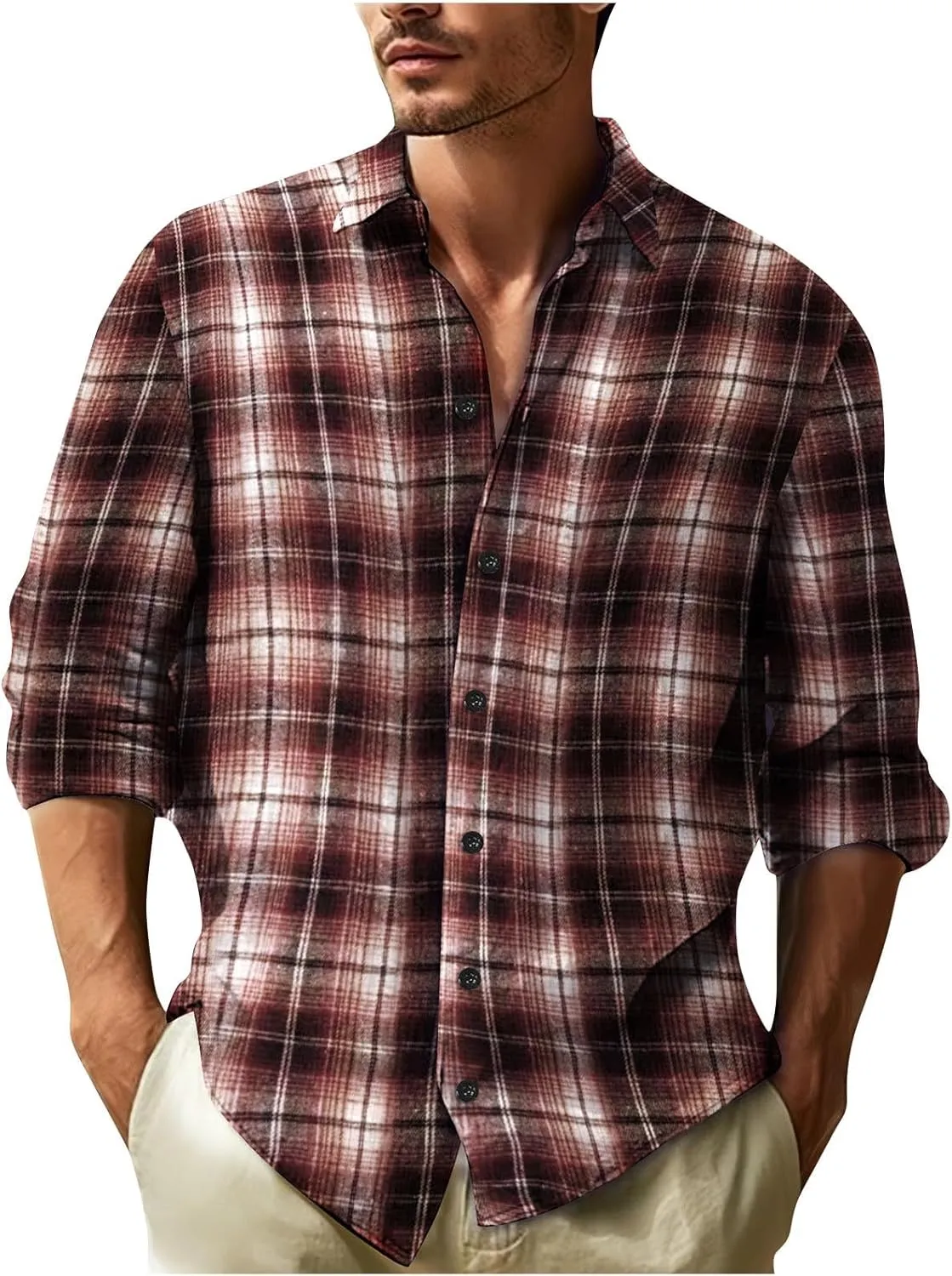 Mens Dress Shirts Vintage Checked Long Sleeve Button Down Casual Gingham Shirts Coat Lightweight Fall Cardigan Soft