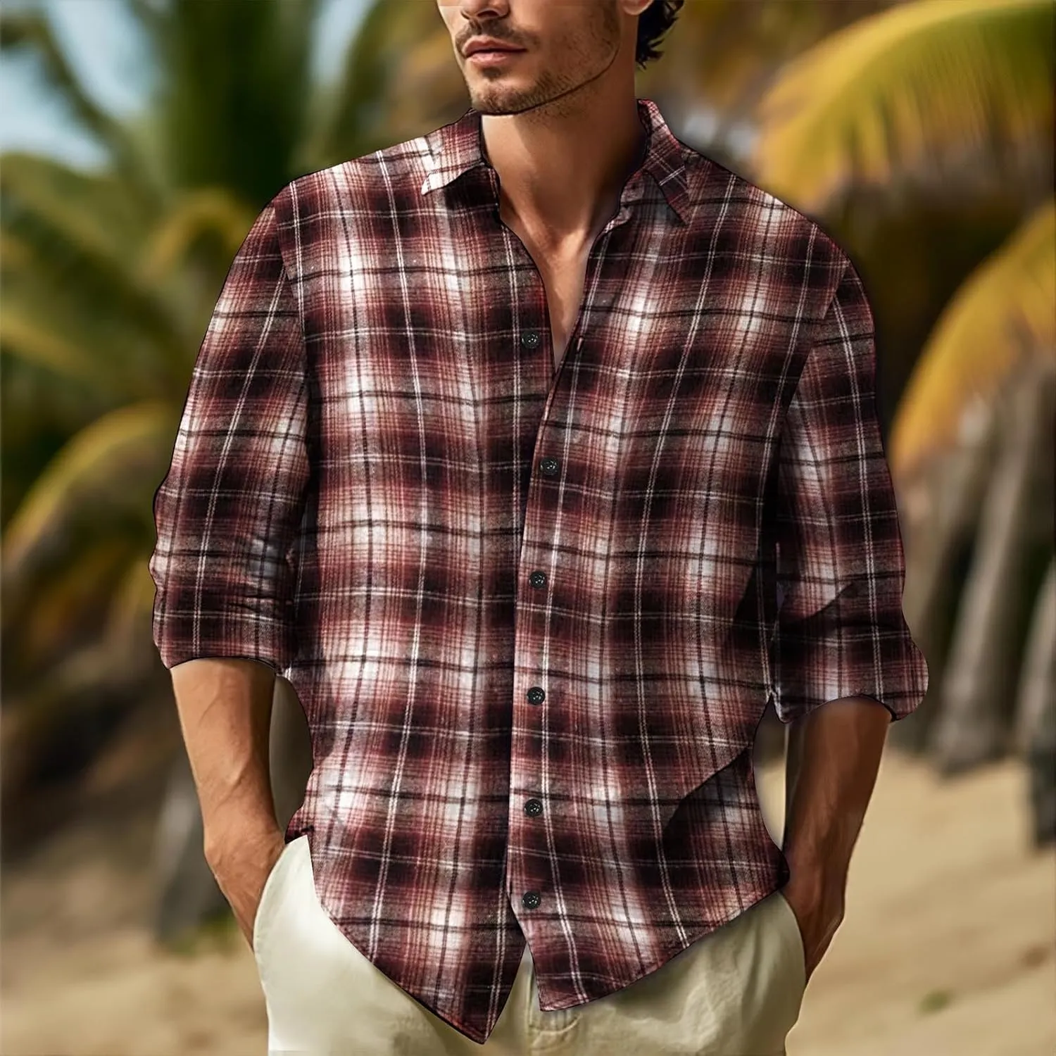 Mens Dress Shirts Vintage Checked Long Sleeve Button Down Casual Gingham Shirts Coat Lightweight Fall Cardigan Soft