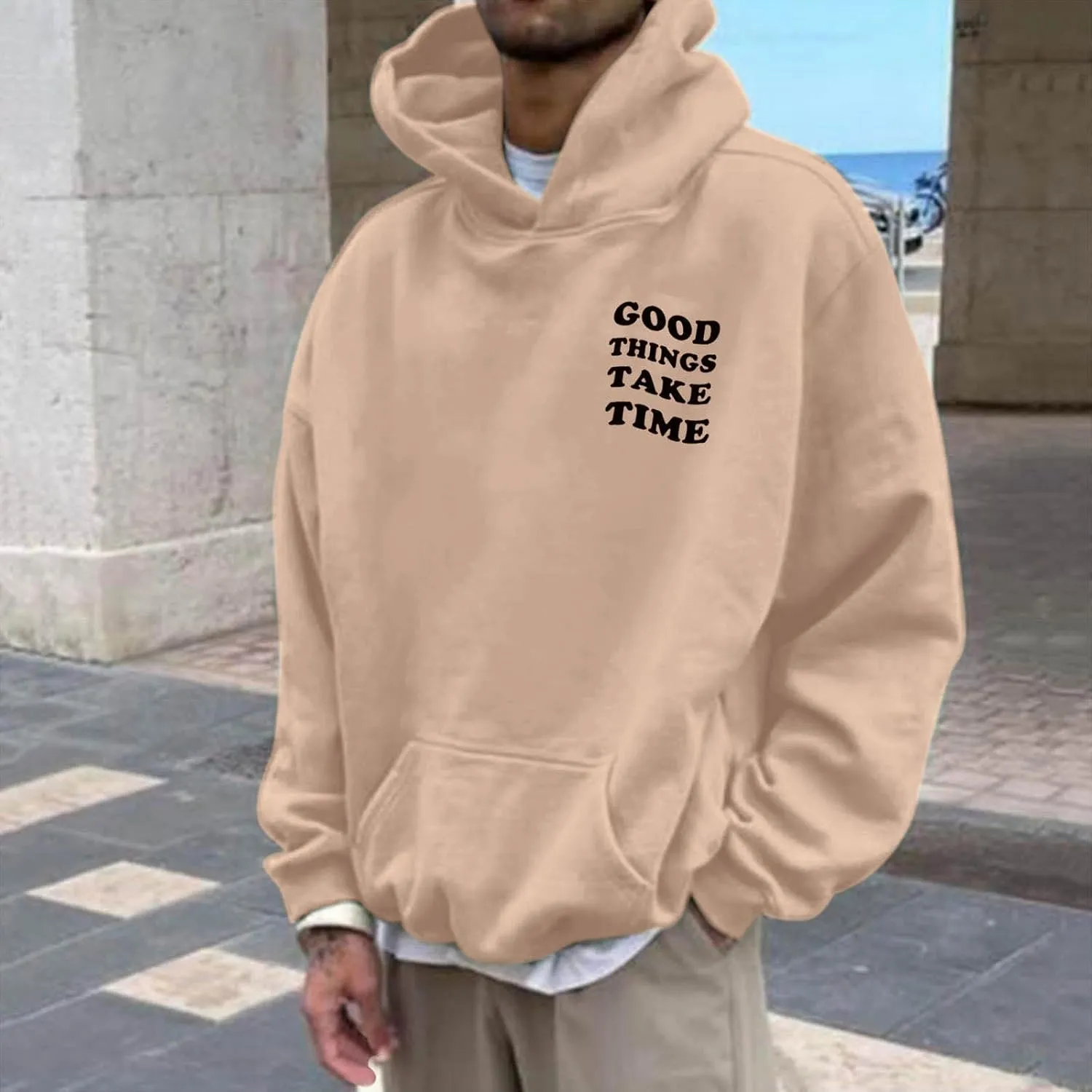 Men'S Fashion Hoodies Good Things Take Time & Rose Shape Print Sweatshirts Fall Long Sleeve Hoodies Pullover Shirts