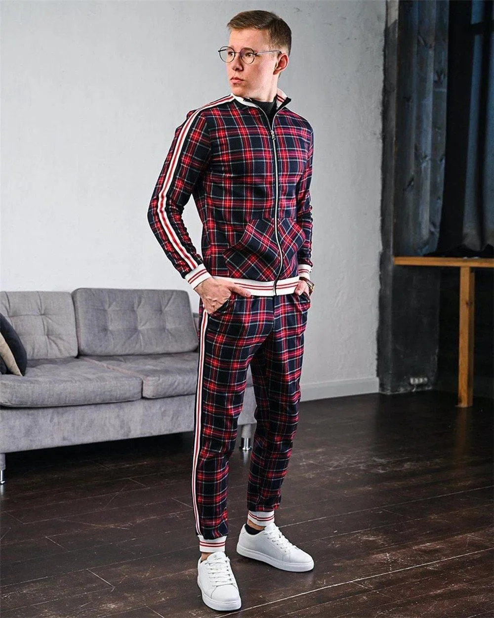 Men's Fashion Plaid Two Piece Tracksuit