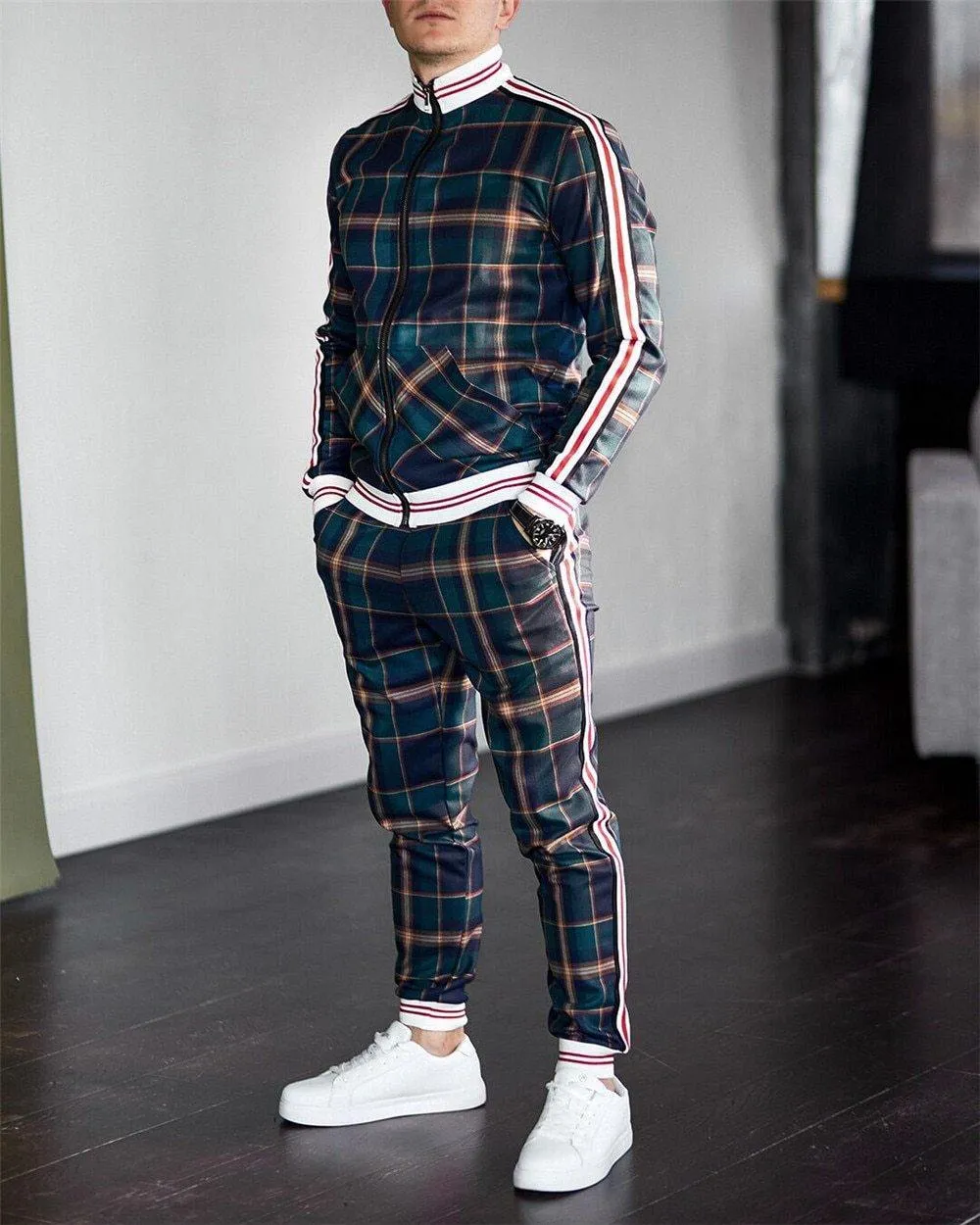 Men's Fashion Plaid Two Piece Tracksuit