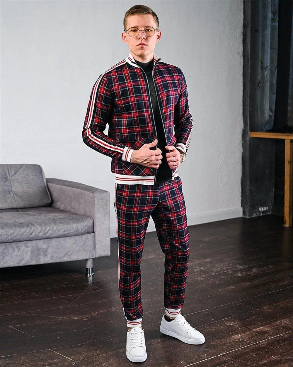 Men's Fashion Plaid Two Piece Tracksuit