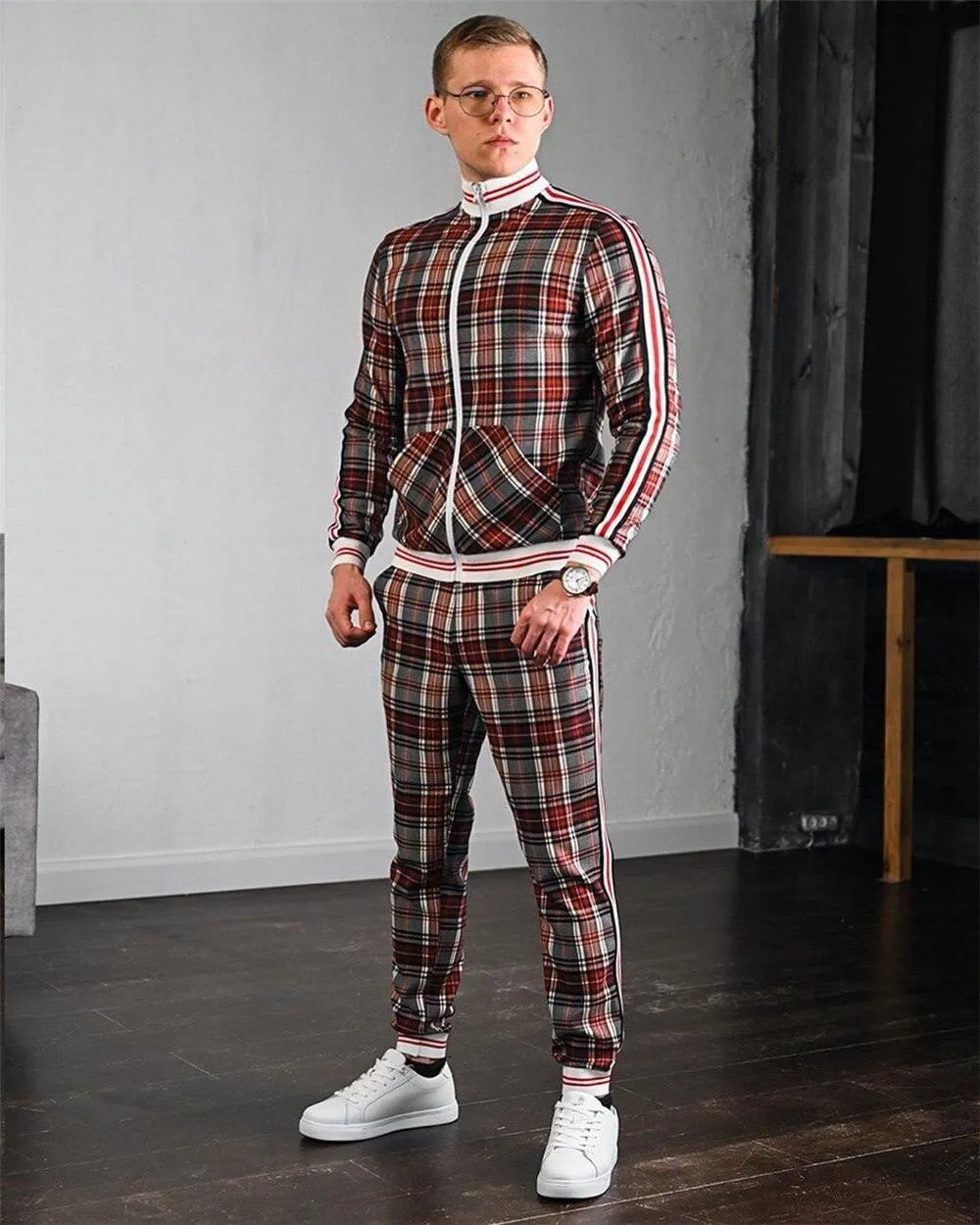 Men's Fashion Plaid Two Piece Tracksuit
