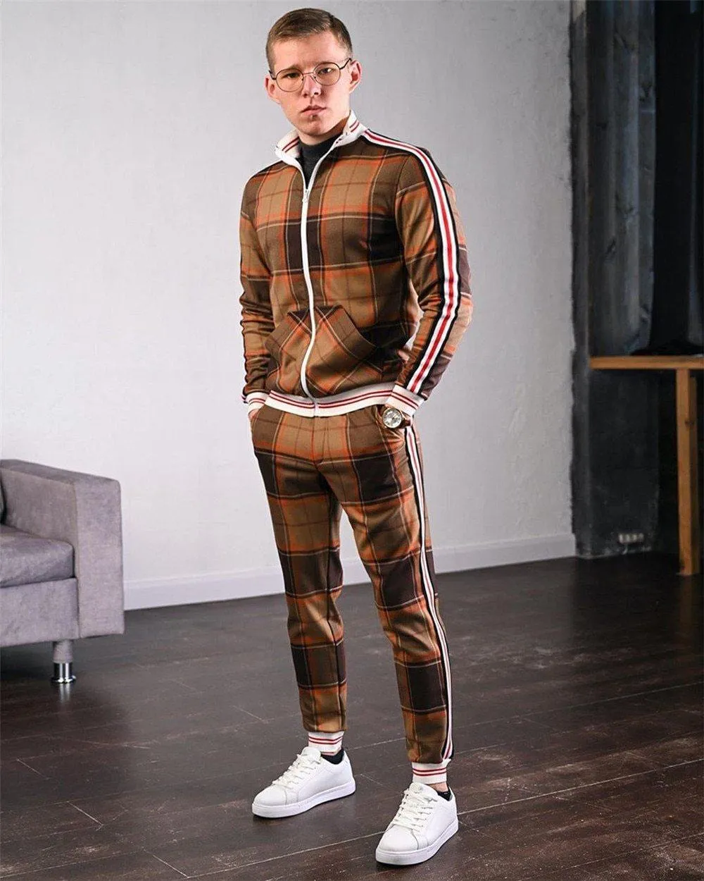 Men's Fashion Plaid Two Piece Tracksuit