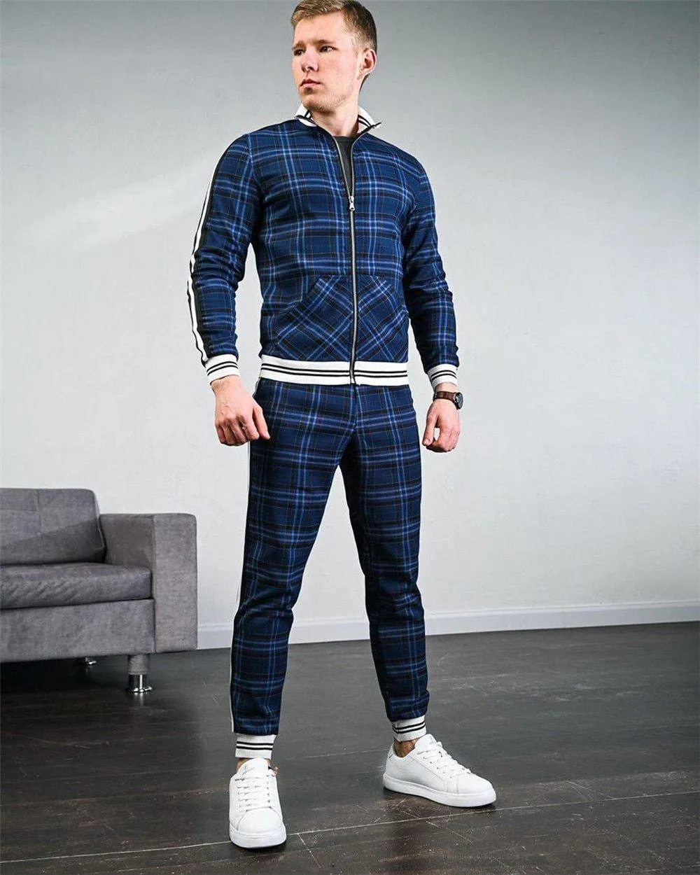 Men's Fashion Plaid Two Piece Tracksuit