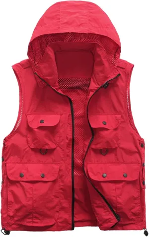 Men's Fishing Vests Outdoor Work Quick-Dry Hunting Zip Reversible Travel Hooded Vest Jackets with Multi Pockets