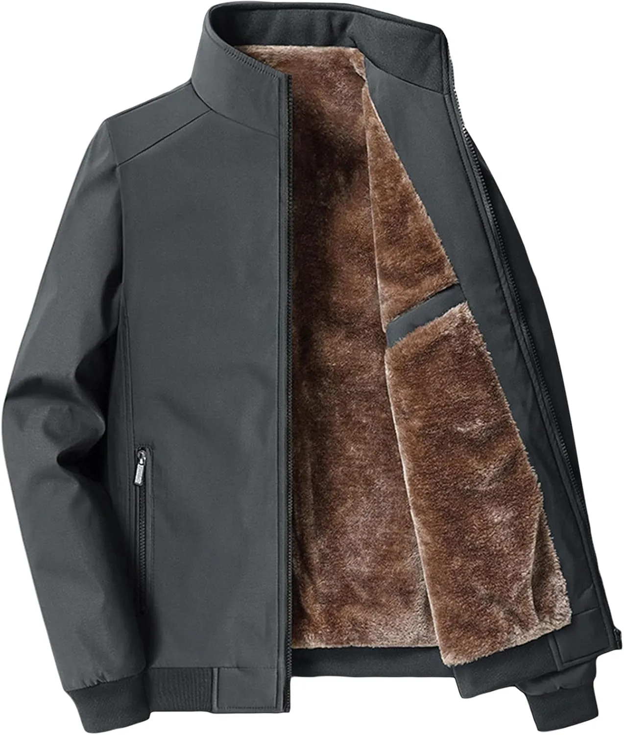 Men's Fleece Lined Bomber Jacket Stand Collar Zip Up Warm Winter Bomber Coats Casual Windproof Sherpa Outwear