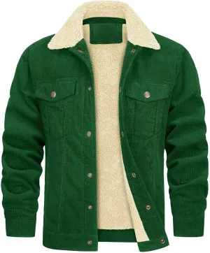 Mens Fleece Sherpa Lined Corduroy Jacket Slim Fit Button Down Trucker Jackets with Pockets Turn Down Collar Jacket