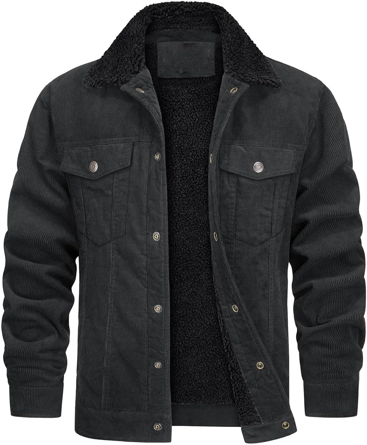 Mens Fleece Sherpa Lined Corduroy Jacket Slim Fit Button Down Trucker Jackets with Pockets Turn Down Collar Jacket