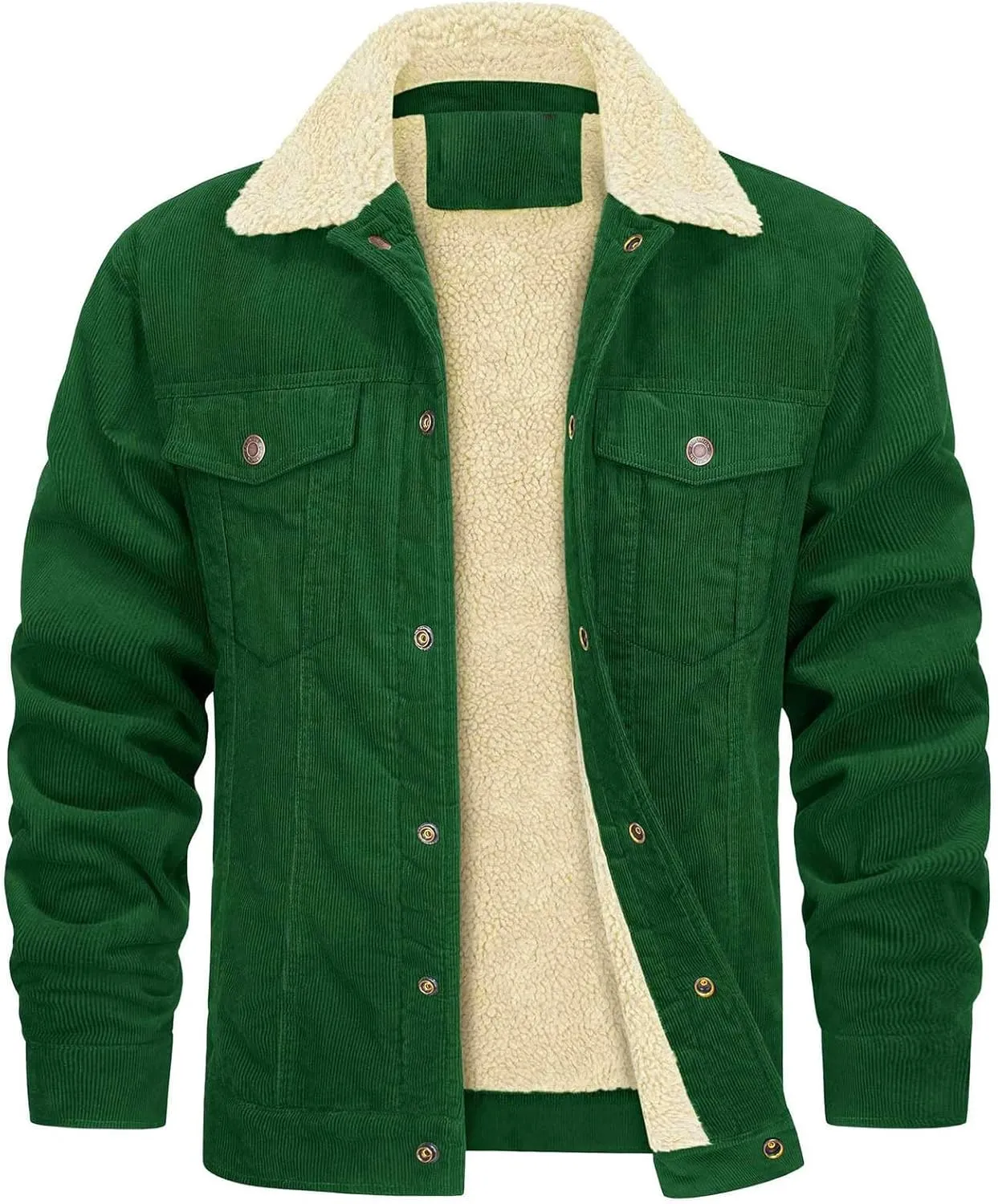 Mens Fleece Sherpa Lined Corduroy Jacket Slim Fit Button Down Trucker Jackets with Pockets Turn Down Collar Jacket