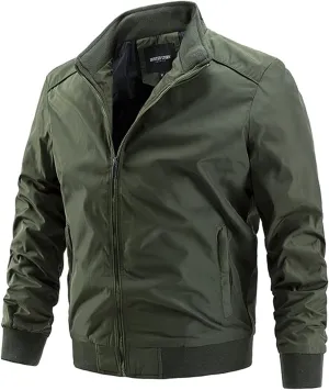 Mens Full Zip Stand Collar Shrug Jackets Lightweight Windproof Bomber Jackets for Fall Winter Outdoor
