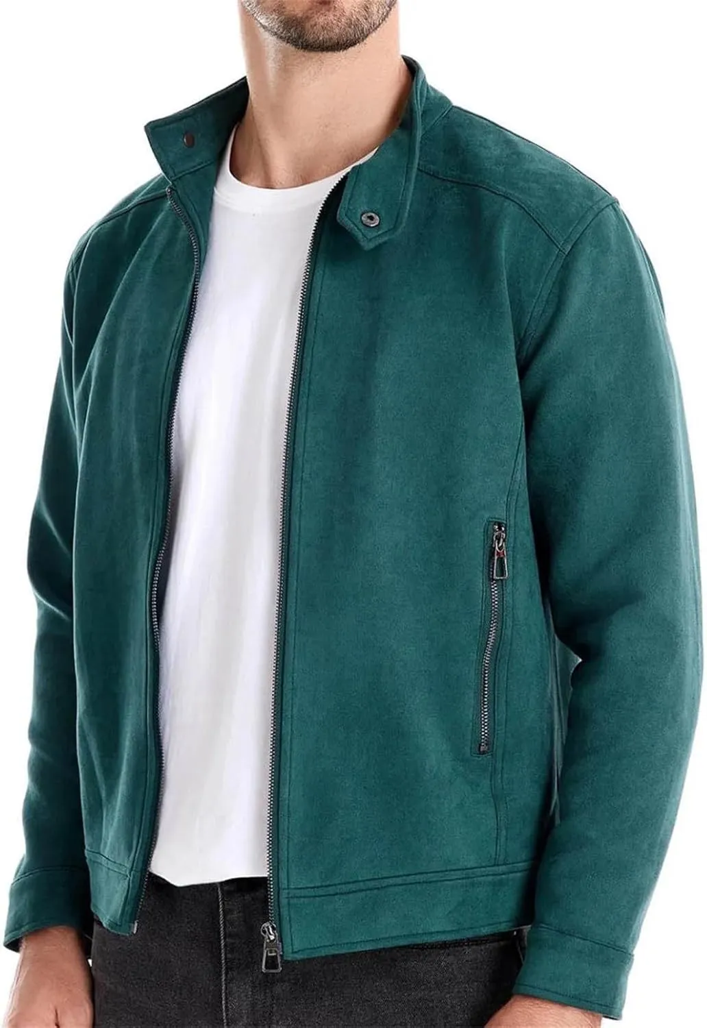 Men's Full Zip Suede Jacket Vintage Lightweight Casual Trucker Coat with Pockets