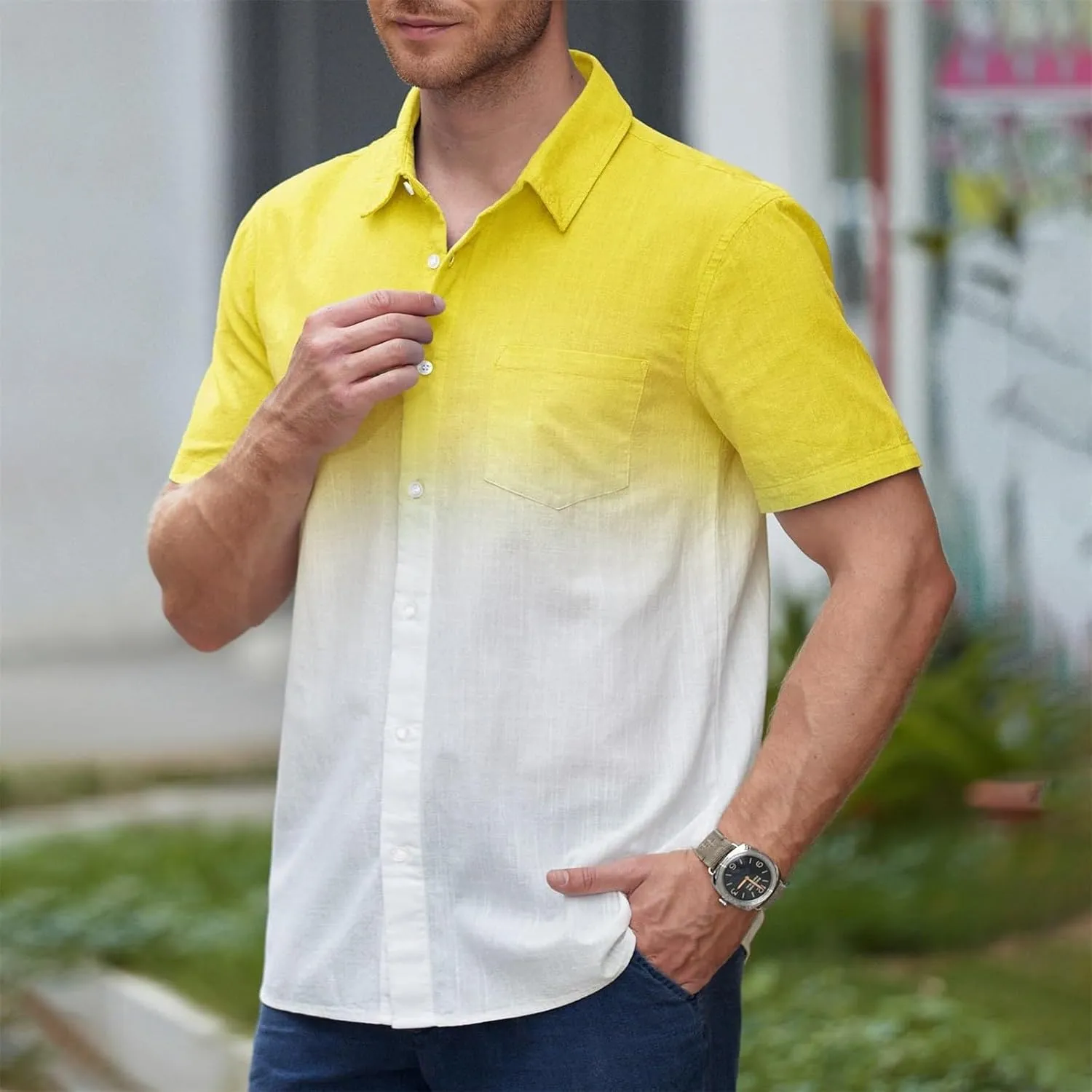 Men's Gradient Shirts Oversize Casual Short Sleeve Button Down Shirts UPF50  UV Protection Quick Dry Summer Beach T Shirts